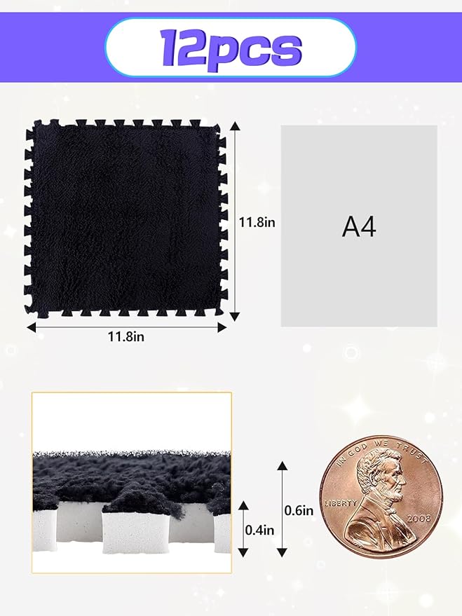 12 pcs Thickened Plush Foam Interlocking Floor Mats, Interlocking Foam Tiles with Edgings for Kids, Soft Anti-Slip Puzzle Area Square Rug Playmat for Children Room Flat (11.8", Black)