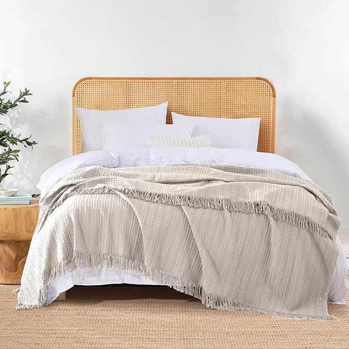 100% Cotton Waffle King Blanket with Fringe 104"x90", Pre-Washed Waffle Weave Blanket for All Season, Lightweight Breathable Soft Cozy Throw Blanket for Couch, Bed, Travel (Beige)