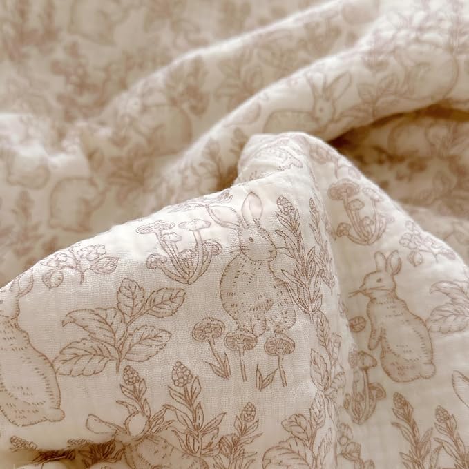 BuLuTu Muslin Cotton Full/Queen Bed Quilts for Kids Teens Vintage Boho Comforter with Lace Edges Soft Thin Comforter Rabbit Floral Quilted Blankets, 79"x90", No Pillowcases