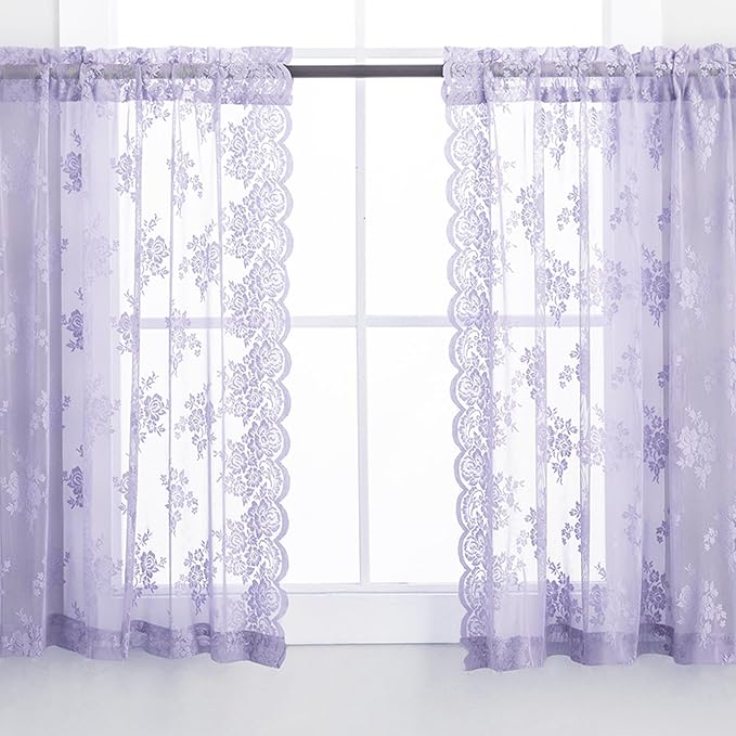 Light Purple Short Sheer Curtains 36 Inch Length, 2 Panels, W42 x L36 Inch Each, Country Rusitc Floral Vintage Small Lace Curtains for Kitchen Window Over Sink, Rod Pocket Privacy Lacy Tier Curtain