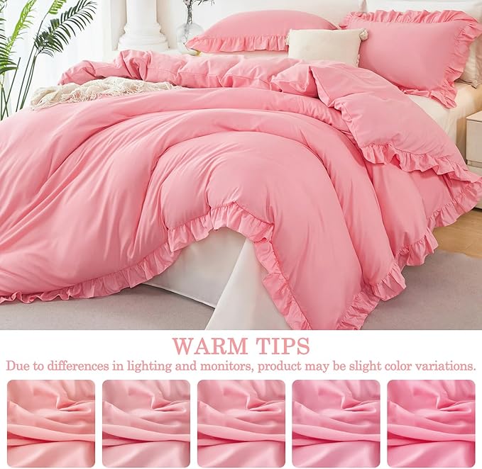 Pink Ruffle Duvet Cover Set Twin Size 3 Pieces Girls Comforter Covers Farmhouse Shabby Chic Duvet Set Soft Cute Ruffled Bedding Cover for Kids Teens(Pink, Twin)