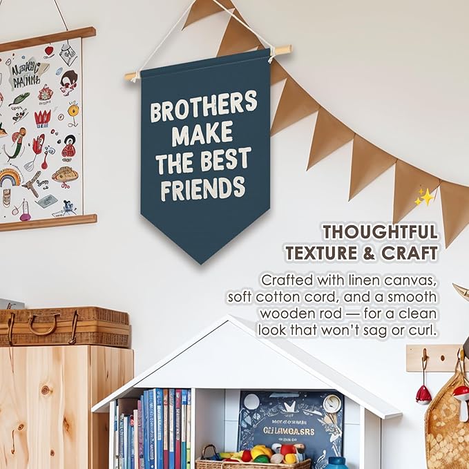Wheatwin Boys Room Decor, Brothers Make the Best Friends Wall Hanging Pennant Flag Banner, Navy Blue Wall Decor for Nursery Toddler Baby Little Boys Bedroom Playroom 15x11 Inch