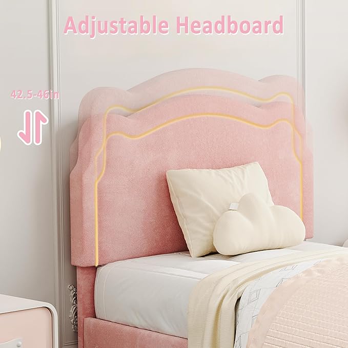 GarveeHome Twin Upholstered LED Bed Frame with Headboard, Velvet Princess Platform Bed Frame for Kids, Wooden Slats Support, No Box Spring Needed (Pink with Drawer, Twin)