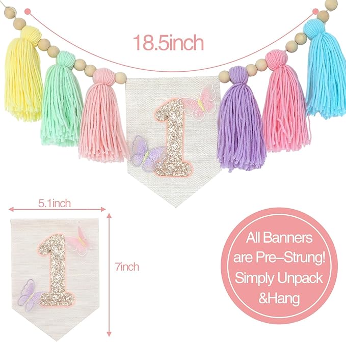 Handmade Macaron 1st Birthday High Chair Banner with Butterflies First Highchair Banner For Baby Girls 1 Birthday Party Decorations Wood Bead Tassel Garland Princess Boho Butterfly Colorful Photo Props