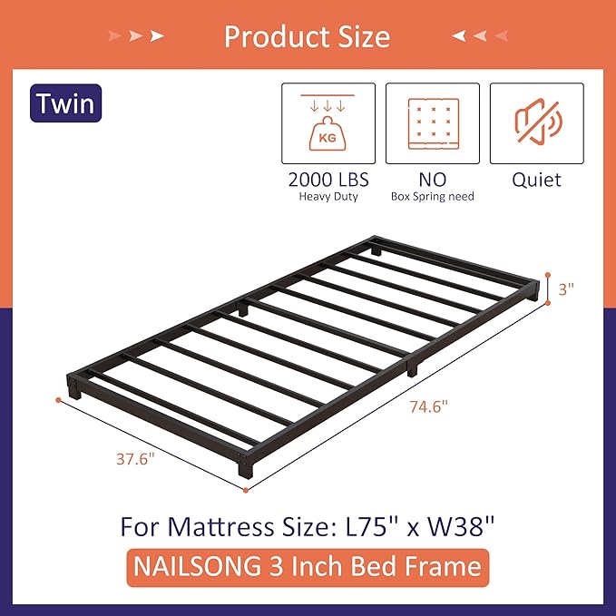 3 Inch Twin Bed Frames Low Profile, Twin Platform Bed Frame No Box Spring Needed, Heavy Duty Metal, Easy Assembly, Black