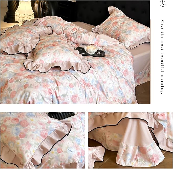 HighBuy Ruffle Duvet Cover Queen Size,Vintage Lace Floral Botanical 100% Brushed Cotton Bedding Set for Women Girls,Farmhouse Bedding Super Soft Comfortable Boho Chic Lightweight 3 Pieces