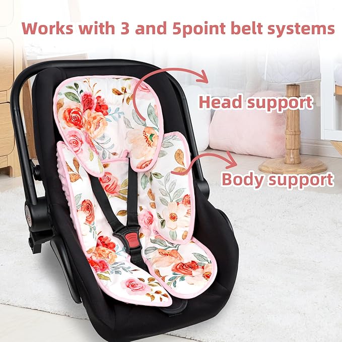 Infant Car Seat Insert, 2-in-1 Baby Car Seat Head Support for Newborn Girls Boys, Soft Baby Neck Support and Body Cushion for Car Seat, Stroller, Bouncer (Floral)
