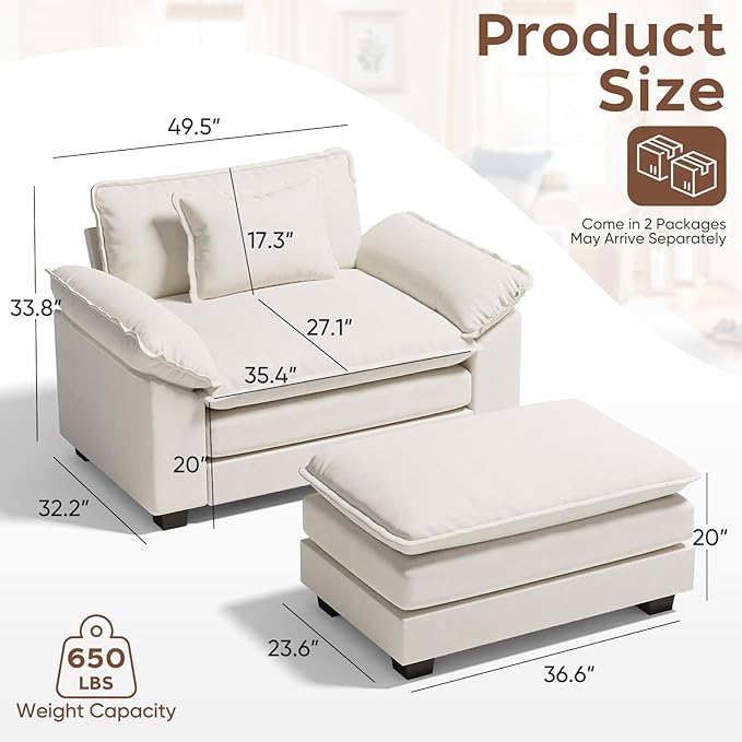 CDCASA Oversized Accent Chair with Ottoman, Velvet Comfy Cloud Sofa Chair with Large Seat and Upholstered Armrests, Modern Extra Wide Armchair Reading Chairs for Bedroom, Living Room, Beige