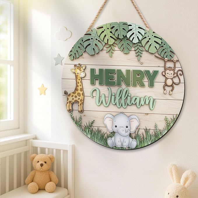 Personalized Jungle Theme Wooden Name Sign – Custom Animal Nursery Decor with Giraffe, Monkey, and Elephant Teen Bedroom Decor Nursery Decoration for Boys and Girls