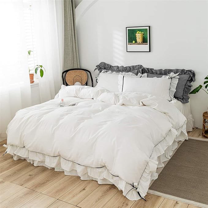 Ruffled Bedding Bow Duvet Cover Set with Butterfly Tie Soft Brushed Microfiber Shabby Chic Bedding Set with Zipper Closure