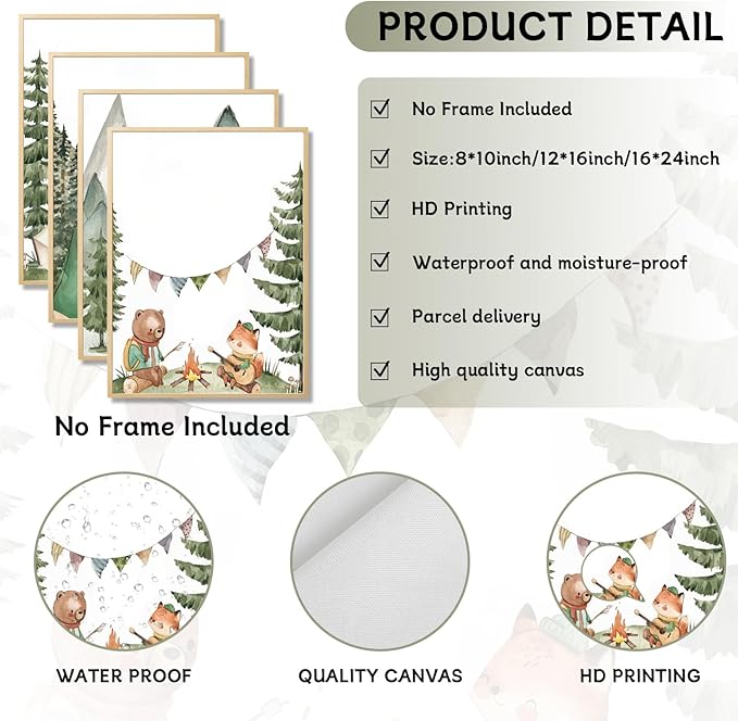 Woodland Adventure Nursery Canvas Wall Art Set of 4 Camping Animal Prints BearFox Rabbit Hiking PostersForest Mountain Themed Kids Room PictureNature Exploration Wall Decor Frameless 16x24In ﻿