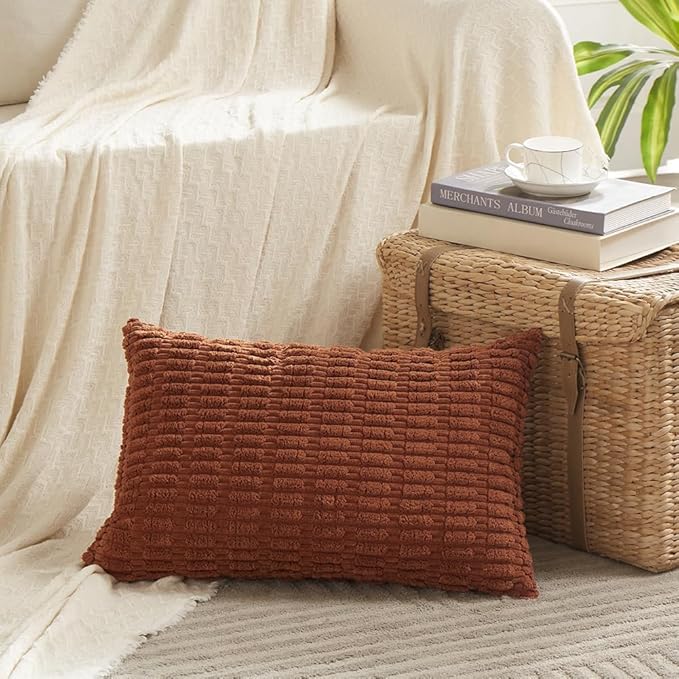 Fancy Homi 2 Packs Rust Decorative Throw Pillow Covers 14x24 Inch for Living Room Couch Bed Sofa, Rustic Farmhouse Boho Home Decor, Soft Striped Corduroy Rectangle Cushion Case 35x60 cm