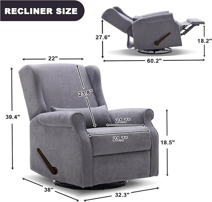 Nursery Swivel Glider Recliner,Rocking Chair Nursery with Footrest,Rocking Recliner Chair for Nursery,Glider Rocker Recliner for Living Room & Bedroom,Grey