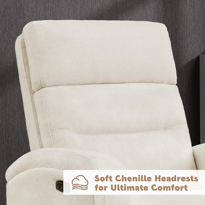 Glider Recliner Nursery Chair, Power Swivel Rocker Recliner with Adjustable Backrest Support, Swivel Rocking Nursery Recliner Chairs with USB and Type-C Ports for Living Room, Chenille Cream White