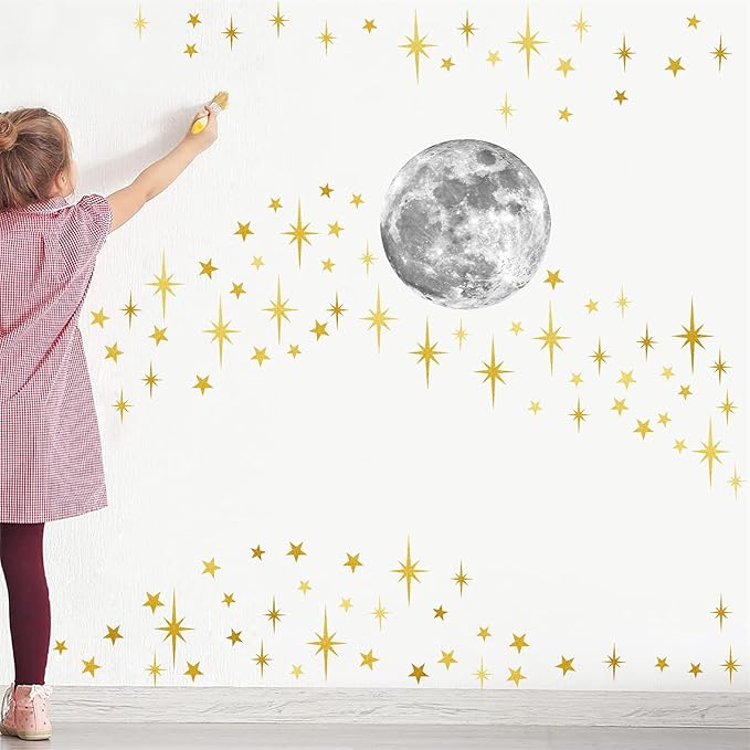Moon and Stars Wall Decal Moon Wall Sticker Gold Star Decals Peel and Stick Wall Stickers Mural for Kids Baby Room Nursery Wall Decor Vinyl Star for Ceiling Wall Decals for Bedroom Playroom Decoration
