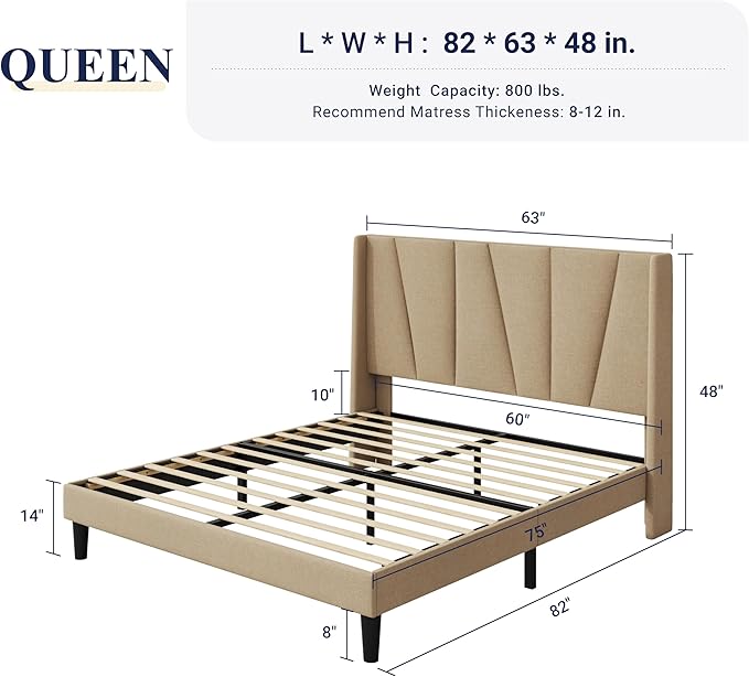 Allewie Queen Size Platform Bed Frame with Geometric Wingback Headboard, Boho Upholstered Bed with Wooden Slats Support, No Box Spring Needed, Easy Assembly, Beige