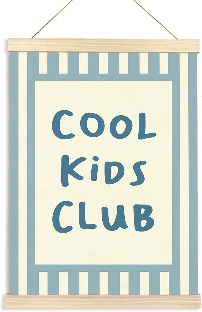 Hiuwevt Kids Room Wall Art, Cool Kids Club Poster Hanger Frame, Preppy Blue Striped Wall Art Home Decor for Boys Toddler Nursery Room Bedroom Playroom, 12x16 Inch