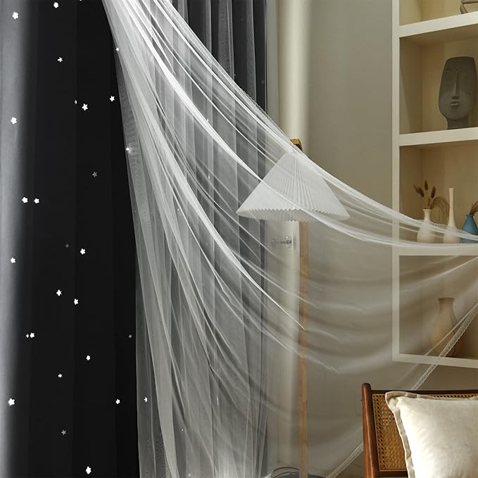Kinryb Black Star Cutout Blackout 95 Inches Curtains Double Layer with Sheer Overly Curtains for Bedroom Thermal Insulated Window Treatment Set with 2 Free Tiebacks (52W x 95L 2 Panels Black)
