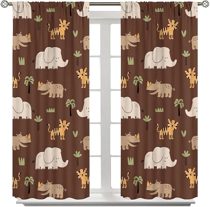 Jungle Safari Animals Blackout Curtains Cartoon Tropical Forest Animals Elephant Tiger Brown Art Print for Kids Boys Bedroom Nursery Rod Pocket Decoration Window Drapes 2 Panels W31.5xL63in