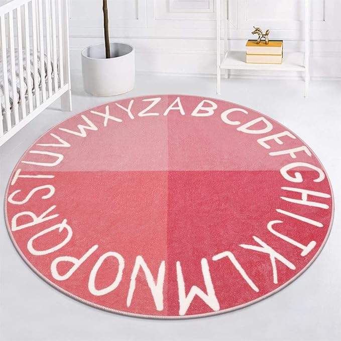 LIVEBOX ABC Pink Round Kids Rug for Girls Bedroom, Circle Nursery Area Rug Princess Washable Rug for Playroom, Non-Slip Crawling Play Mat Alphabet Learning Carpet for Teen Dorm (59",Pink)