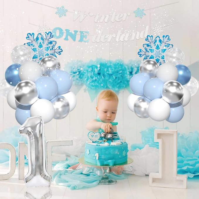 Winter Onederland Party Decorations, Winter Onederland 1st Birthday For Boy,Blue First Birthday Decorations For Boy With Blue White Balloons, Snowflake Balloons, Number 1 Balloon And Banner