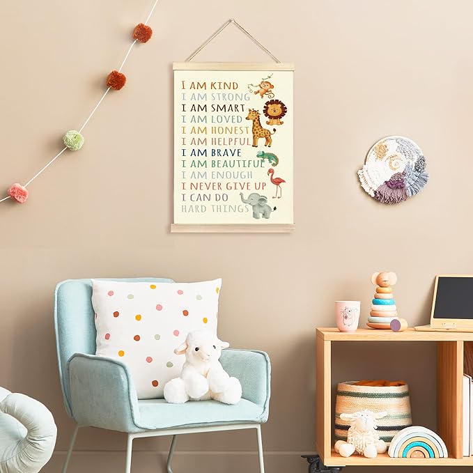 Hiuwevt Positive Affirmations Wall Art, I Am Kind Inspirational Poster Hanger Frame, Baby Wild Animal Nursery Wall Art Home Decor for Kid Boys Girls Toddler Nursery Room Bedroom Playroom, 12x16 Inch