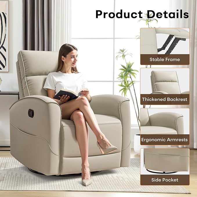 Swivel Rocker Recliner Chair, Manual Faux Leather Glider Rocking Recliners for Adults, 360° Swivel Nursery Reclining Sofa with Storage Pocket