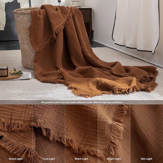 FOSSA Muslin Blanket with Fringe - 4-Layer 100% Cotton Gauze Super Soft & Breathable Throw -Lightweight Decorative Cooling Blanket for Bed, Sofa, Office (Dark Orange, Super King (108" × 98"))