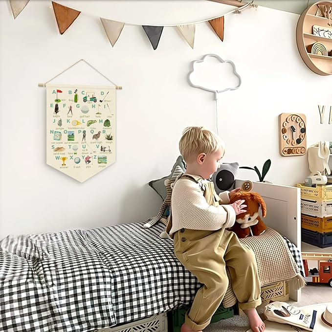Boy Nursery Decor, Golf Nursery Decor for Boys Room, Classroom Decor Canvas Banner, ABC Letters Nursery Wall Art Canvas Hanging Pennant Flag Banner 15x11in