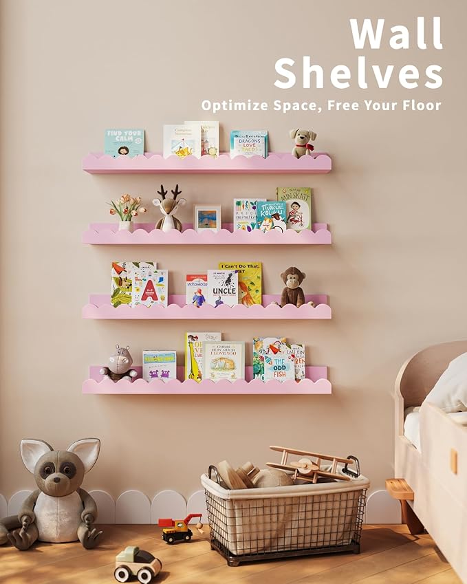 Shario Nursery Book Shelves, 4-Pack White Floating Shelves for Wall Kids, Scalloped Shelves, Wall Book Shelves for Bedroom Kids, Toddler Room, Baby Room, Nursery Decor(Pink, 23 Inches)