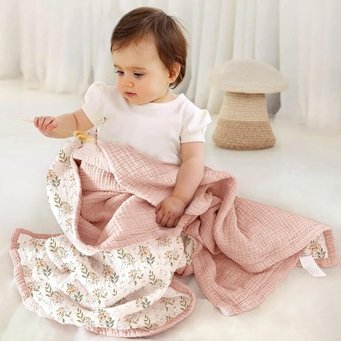 lulumoon Muslin Baby Blanket for Girl: Lightweight Cotton for Newborns - Soft Nursery Blanket for Stroller 47"×47"（Pink Floral）