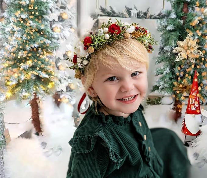 Christmas Flower Crown for Girls Winter Floral Crown Holiday Decoration Headband Xmas Wedding Headpiece Wreath Red Green Golden Gifts for GrandkidsGarland