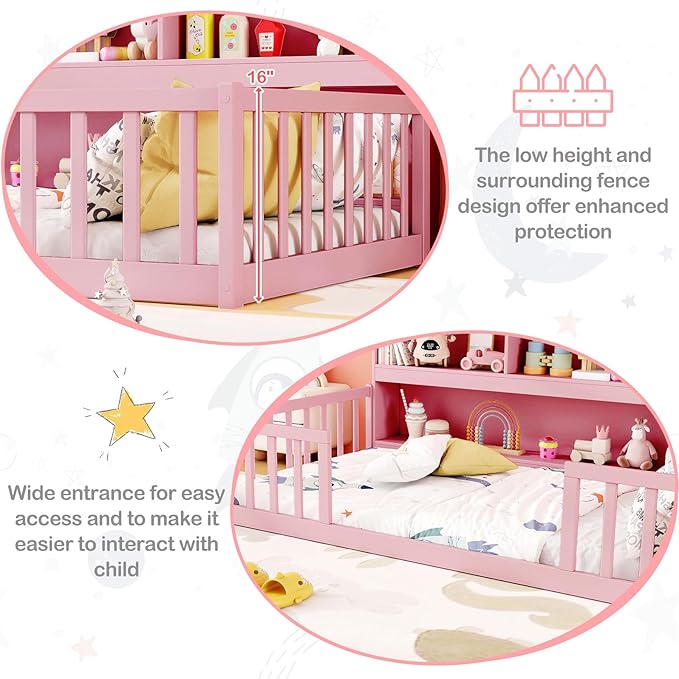 KOMFOTT Twin Floor Bed with Bookcase & Shelves, Wood Bed Frame with Bedside Bookshelves & Guardrails, Versatile 2-in-1 Montessori Floor Bed for Kids (Twin,Pink)