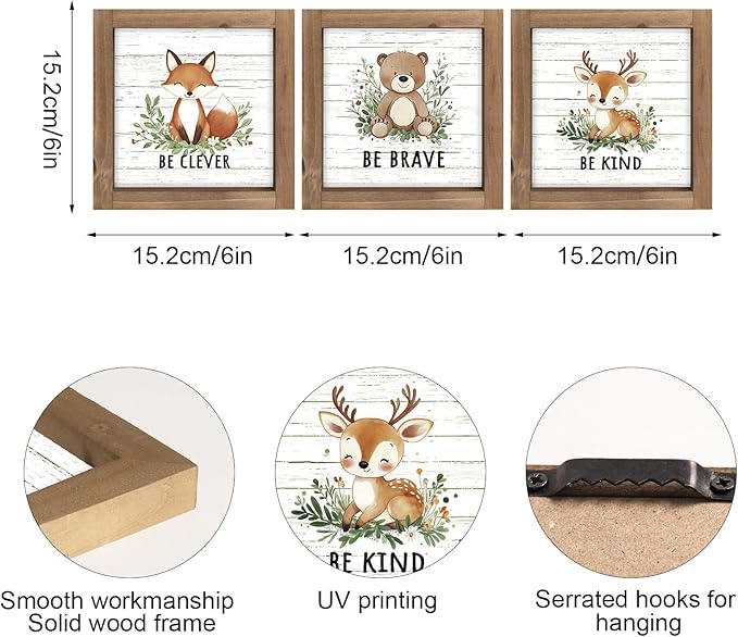 3 Piece Woodland Nursery Wall Decor, Wooden Forest Animal Bear Fox Deer Sign Nursery Art, Nature Jungle Safari Theme Baby Shower Decorations for Home Table Top Shelf Desk Classroom Bathroom