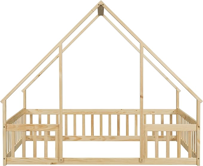 Bellemave Full Floor Bed for Kids, Girls, Boys, Wood House Bed Frame, House Floor Bed for Kids, Full Size Montessori Floor Bed with Fence, Playhouse, Natural