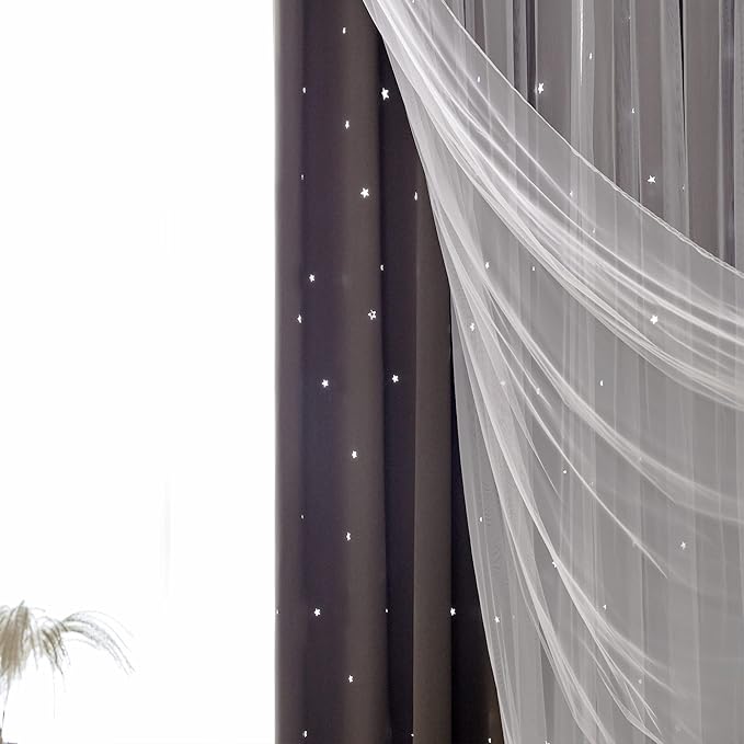 Kinryb Kids Blackout Curtains for Bedroom/Living Room/Classroom, Sheer Overlay 2 Free Tiebacks, Double Layer Curtains with Star Cutout for Kids Room(Each Piece W 70 x L 84 Inches 2 Pcs Chocolate)
