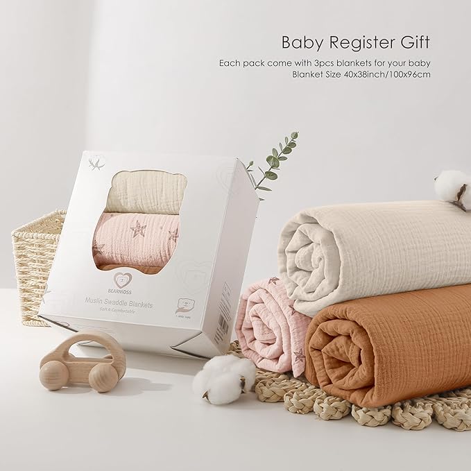 Bearmoss Muslin Swaddle Blankets, 40 x 38 inches Baby Swaddle for Boys and Girls, Soft Baby Blanket, 3 Pack Breathable Nursery Receiving Blankets (Pink Star)