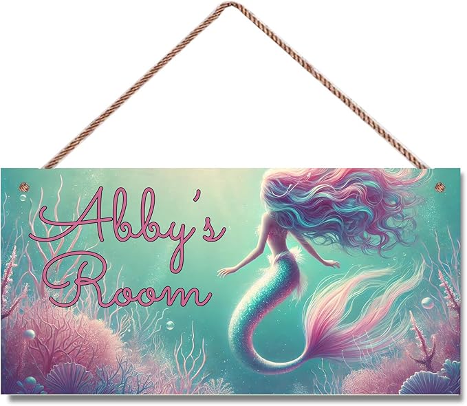 Personalized Signs Mermaid Sign For Kids Room Custom Name Door Wall Decor Floral Nursery Art Plate For Boys Room Girls Bedroom Little Man Cave