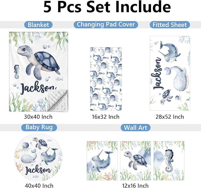 Personalized Baby Crib Bedding Set, 5 Pcs Custom Name Bedding Set, Double Layer Nursery Set, Ocean Animal Crib Set for Girls & Boys, Gift for Toddler & Infant