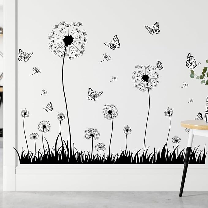 Dandelion and Butterfly Wall Decals Removable Black and White Nature Vinyl Stickers for Nursery Living Room and Bathroom Decor Peel and Stick Minimalist Botanical Wall Art