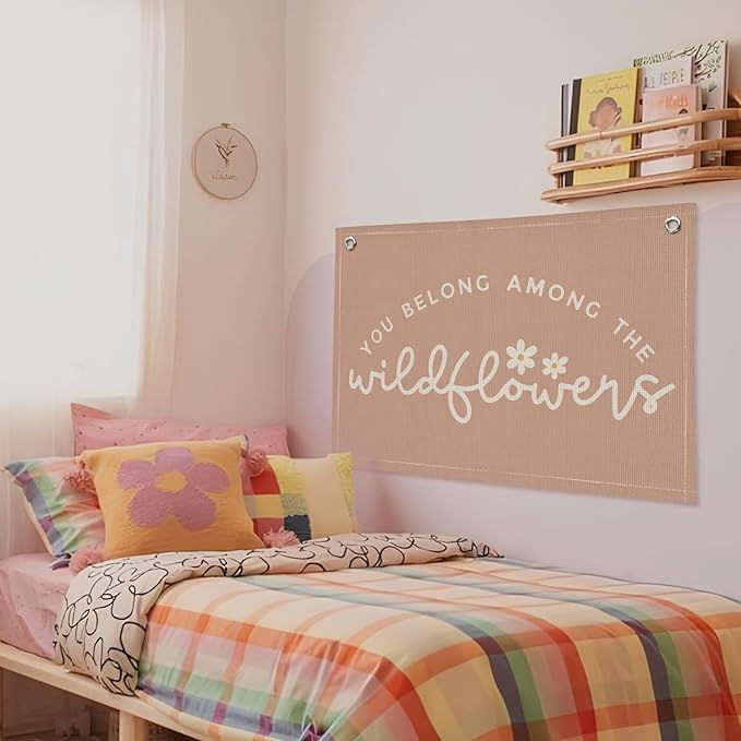 Girls Room Decor, Wildflower Baby Girl Nursery Decor, Baby Shower Pink Linen Canvas Banner, Wall Hanging Banner Flag 20x30 Inch