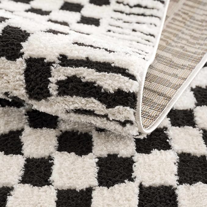 Hauteloom Leryn Contemporary Checkered Area Rug - Modern Geometric Bordered Carpet for Living Room, Bedroom - Checkboard Design - Square Tiles - High Pile - Black and White - 7'10" x 10' (8x10)