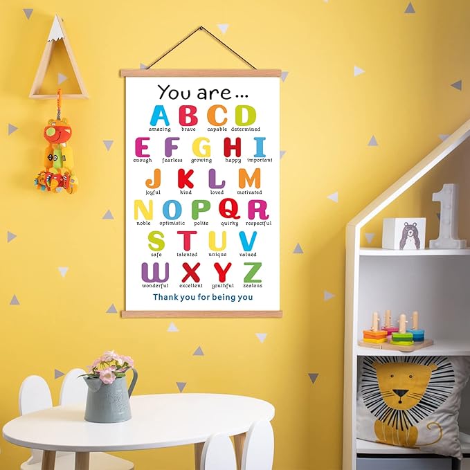 KAIRNE Colorful ABC Alphabet Art Print With Wood Magnetic Hanger Frame(15.7X25INCH)You Are Amazing Positive Educational ABC Chart for Toddler Affirmation Posters Wall Art For Classroom Playroom Decor