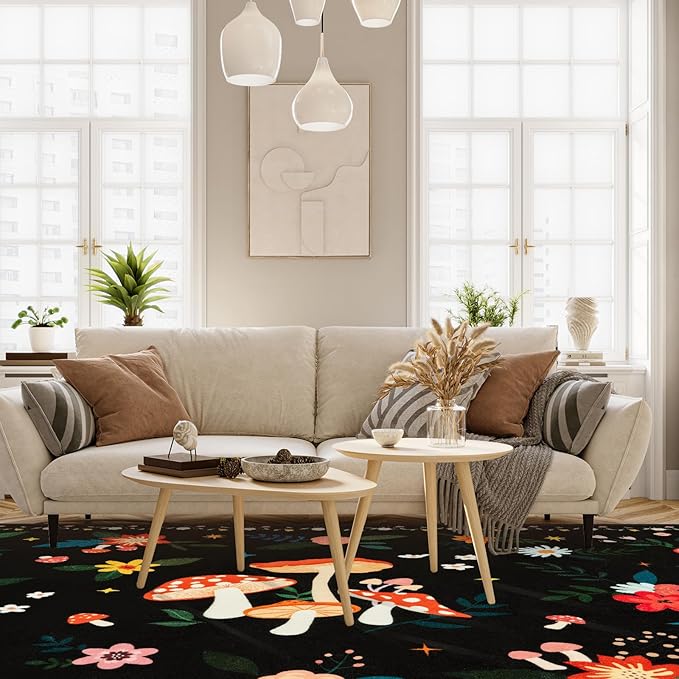5x7 Machine Washable Area Rug, Non-Slip Vintage Floral Floor Rugs for Kids, Low Pile Room Carpet for Living Room, Bedroom, Dining Room & Nursery(5x7 Black Mushroom)