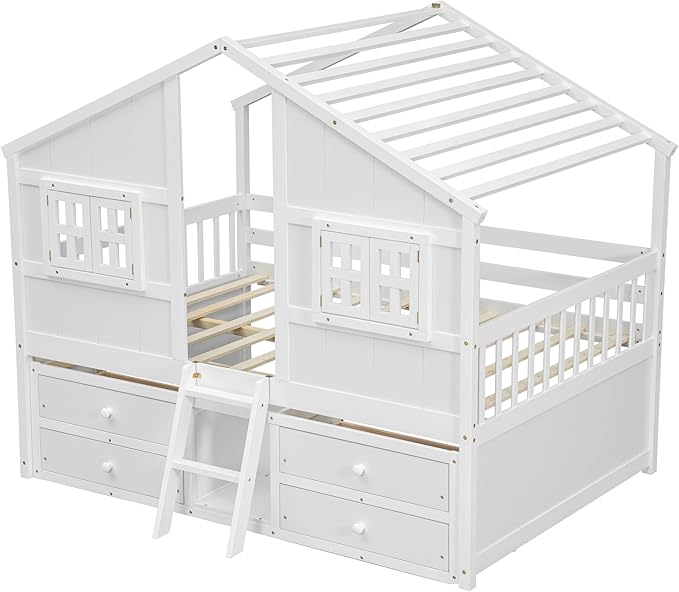 Harper & Bright Designs Full Size House Loft Bed with 4 Storage Drawers, Low House Montessori Bed with Roof and Windows, Safety Guardrails for Kids, Girls, Boys, White