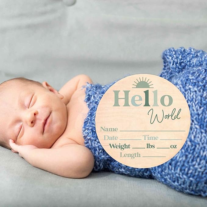 Hello World Newborn Sign - Baby Name Birth Announcement Plaque for Hospital - Photo Prop - Green Nursery Decor - Shower Gift
