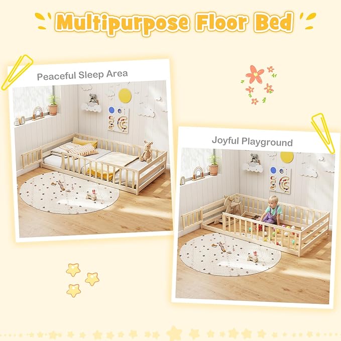 KOMFOTT Twin Size Wood Floor Bed with Door & Fence, Montessori Bed Frame with Full Length Safety Guardrails, Door & Latch, Wooden Montessori Floor Bed for Kids, Girls, Boys (Natural, Twin)