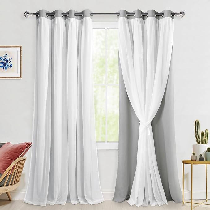 Hiasan Blackout Curtains with White Sheer Overlay, Mix & Match Double Layer Thermal Insulated Room Darkening Curtains for Bedroom, Living Room, 2 Window Panels with Tiebacks, Silver Grey, 52W X 96L