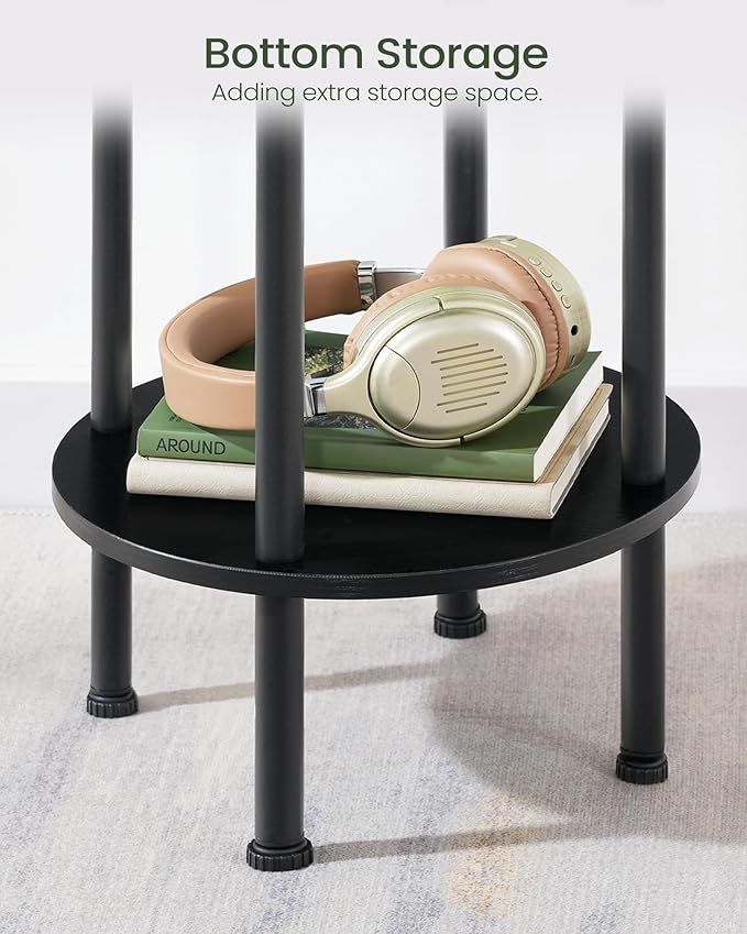 Round Side Table, 2-Tier End Table, Small Round Nightstand with Sturdy Metal Tube, Industrial Circular Coffee Table, for Living Room, Bedroom, Black TBZ01BB