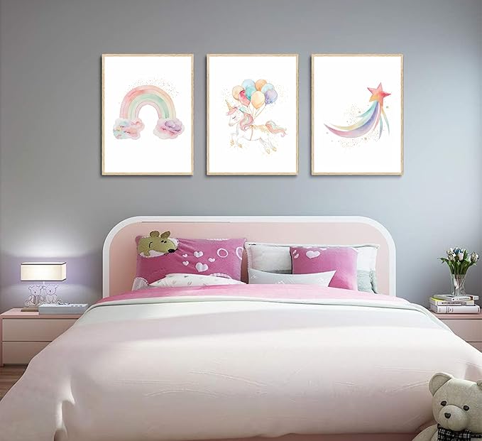 Burshley 3pcs Unicorn Wall Art Canvas Prints Watercolor Rainbow Unicorn with Colorful Balloons Star Posters Paintings Pink Wall Decor for Kids Room Nursery Decoration Unframed